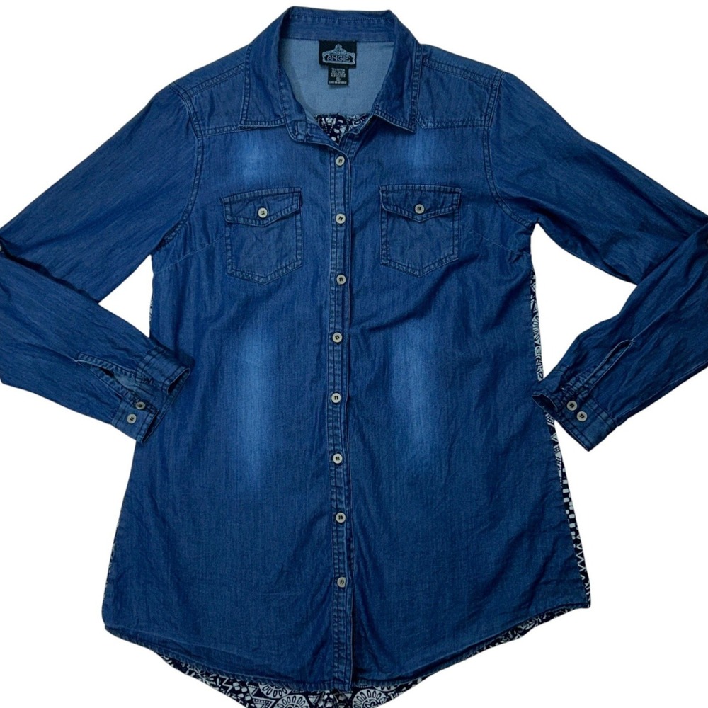ANGIE Womens‎ Button Front Geo Print Back Denim Shirt Size S Oversized Western